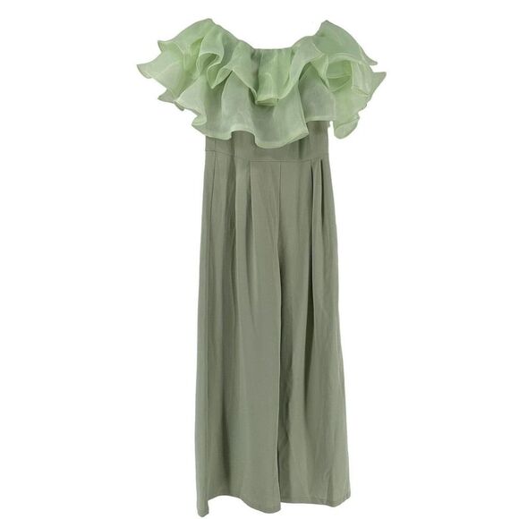 Green Dramatic Ruffle Jumpsuit Off The Shoulder Wide Leg Prom Derby L Quirky - Picture 1 of 9